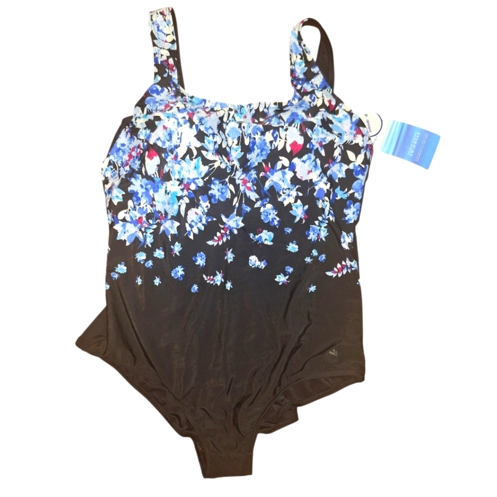 NWT 24W Aquabelle Swimsuits For All‎ One Piece Floral New Hygenic Liner Blue
